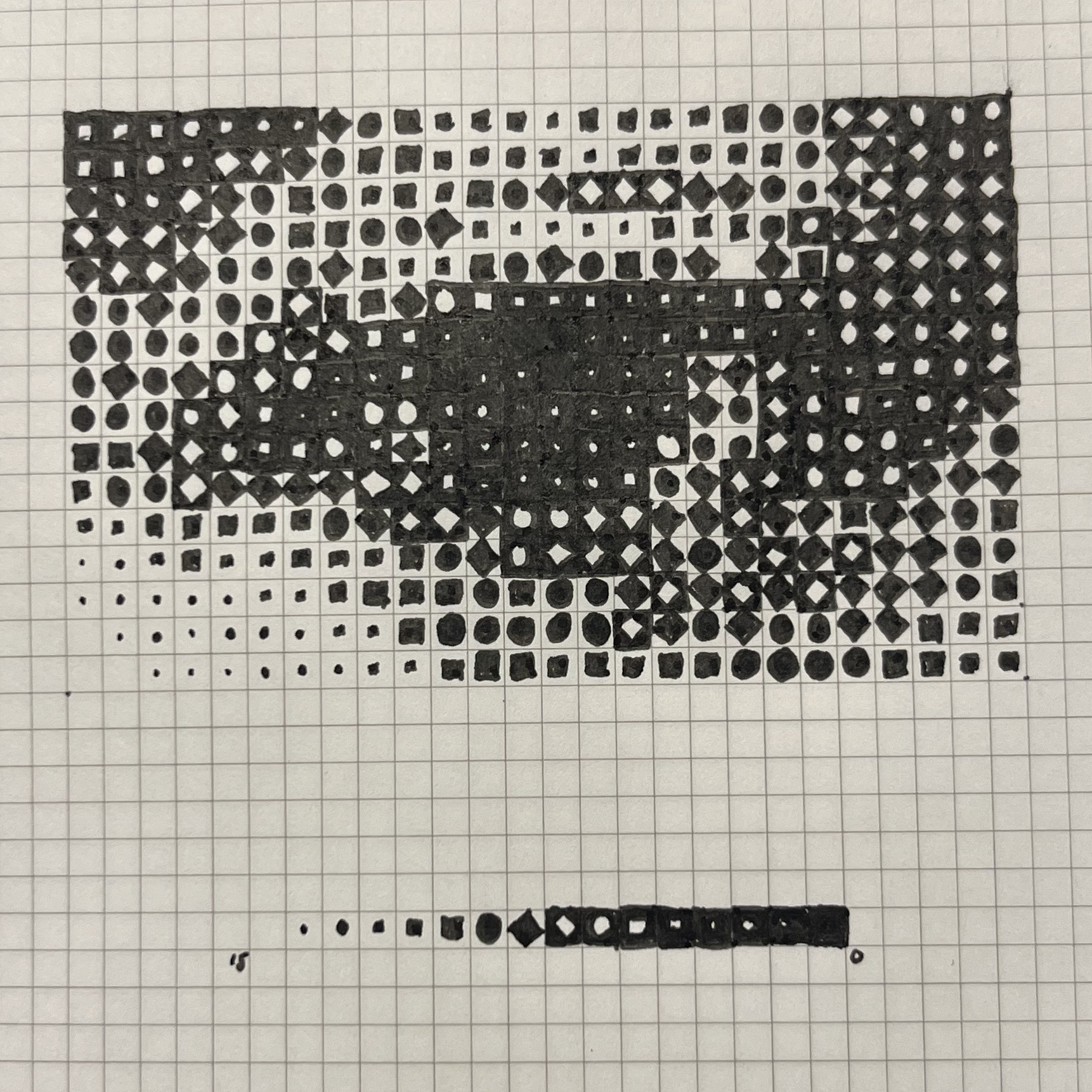 A pixelated eye drawn in pen and ink on graph paper