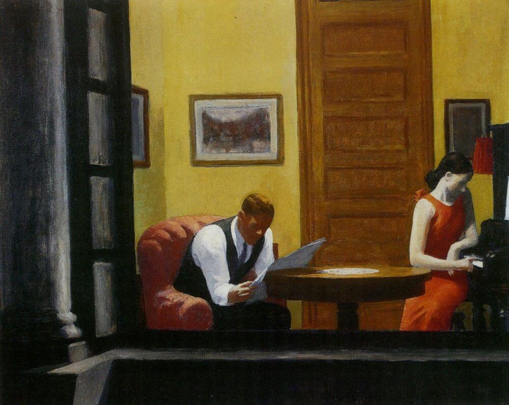 The painting 'Room in New York' by Edward Hopper. A man reading the paper and a woman absently playing the piano sit in a small room
